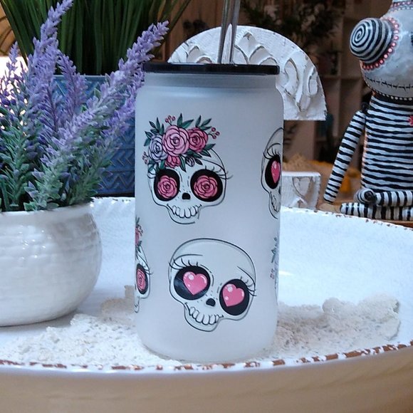 day of the dead skeleton 16oz frosted can glass w/ frosted mug set - Picture 1 of 3
